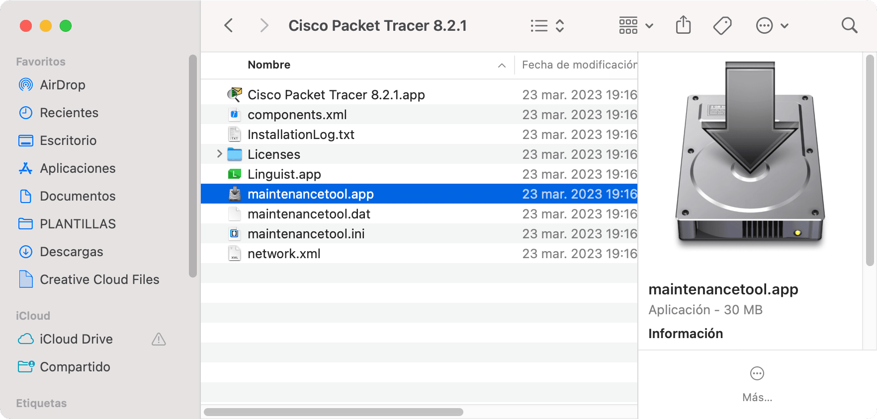 maintenancetool para desinstalar Packet Tracer en Mac