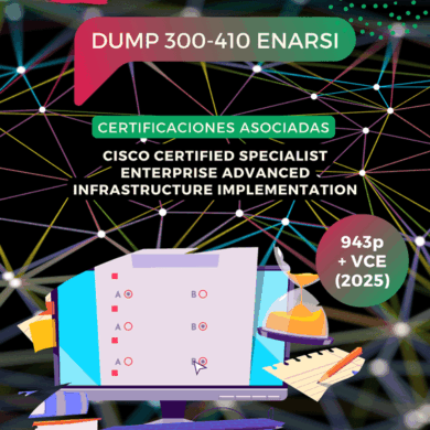 Ilustración digital con examen en pantalla y reloj de arena, representando el Dump Examen Certificación 300-410 ENARSI actualizado Octubre 2025 para la certificación CCNP.