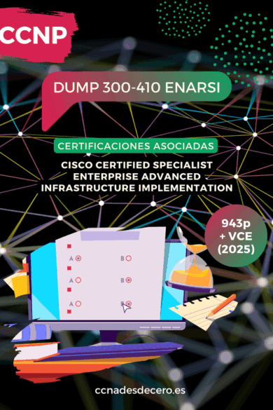Ilustración digital con examen en pantalla y reloj de arena, representando el Dump Examen Certificación 300-410 ENARSI actualizado Octubre 2025 para la certificación CCNP.