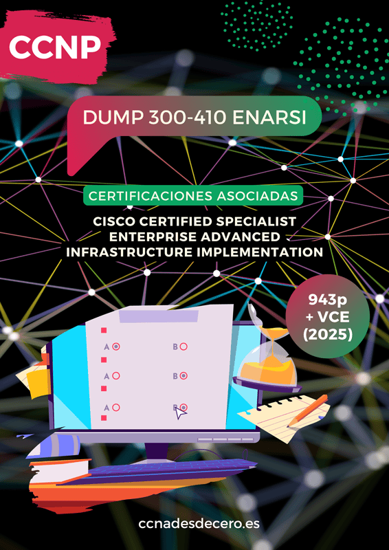 Ilustración digital con examen en pantalla y reloj de arena, representando el Dump Examen Certificación 300-410 ENARSI actualizado Octubre 2025 para la certificación CCNP.