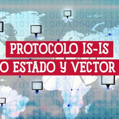 Mapa mundial con nodos de red conectados, texto sobre el protocolo IS-IS.