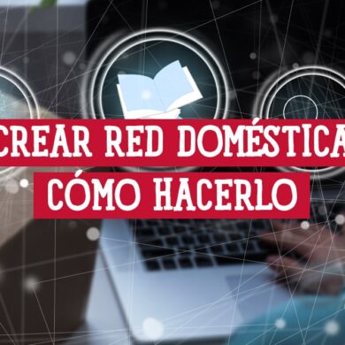 Imagen difuminada de una persona usando un portátil, con texto superpuesto que dice "CREAR RED DOMÉSTICA CÓMO HACERLO" y iconos relacionados con redes y conexiones.