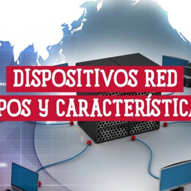 Representación gráfica de una red de computadoras conectada a un servidor central, con un mapa mundial de fondo. El texto resalta "Dispositivos Red: Tipos y Características".