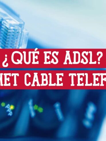 Una imagen de primer plano de un módem ADSL con un cable conectado. El texto superpuesto en la imagen dice "¿Qué es ADSL? Internet Cable Telefónico".