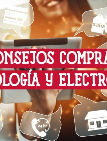 Tres mujeres mirando una tablet con iconos de compras online, mostrando consejos para comprar tecnología y electrónica.