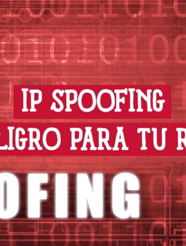 Imagen digital con el texto "IP Spoofing: Peligro para tu red" sobre un fondo de código binario rojo. La imagen ilustra el concepto de suplantación de IP.