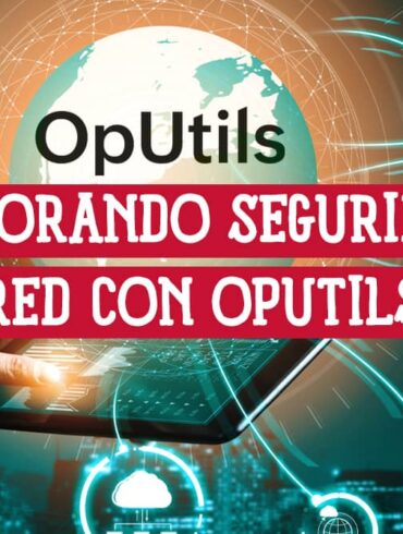 Imagen de un hombre de negocios usando una tableta, con el logo de OpUtils y el texto "Mejorando Seguridad Red con OpUtils" en un fondo de tecnología.