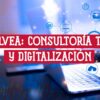 Imagen que promociona los servicios de Alvea, una empresa de consultoría TI y digitalización, mostrando a una persona usando un portátil y una red de iconos digitales.