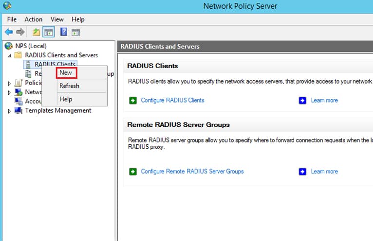 Captura de pantalla de la consola de administración de Network Policy Server (NPS), mostrando la opción para agregar nuevos clientes RADIUS.