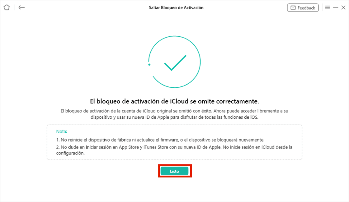 Mensaje de confirmación: El Bloqueo de activación de iCloud se omite correctamente, permitiendo el acceso al dispositivo.