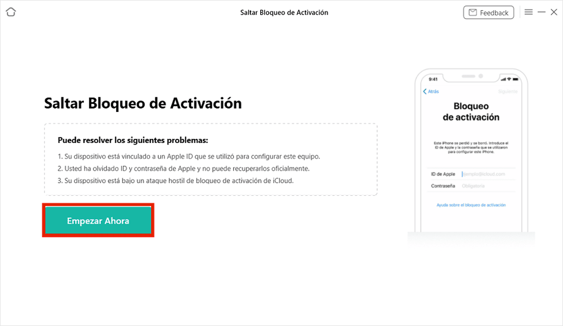 Interfaz de software para Saltar Bloqueo de Activación de iPhone. Haz clic en "Empezar ahora" para iniciar el proceso.