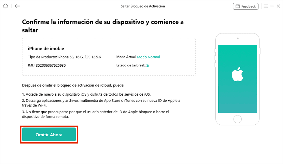 Interfaz de software para omitir ahora SaltarbBloqueo de activación en iPhone, confirmando información del dispositivo y el proceso.