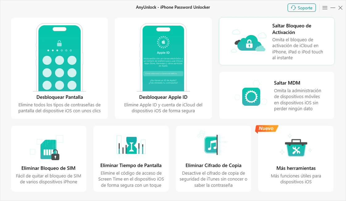 Interfaz de AnyUnlock que destaca la opción para quitar Bloqueo de Activación iPhone, iPad o iPod touch.