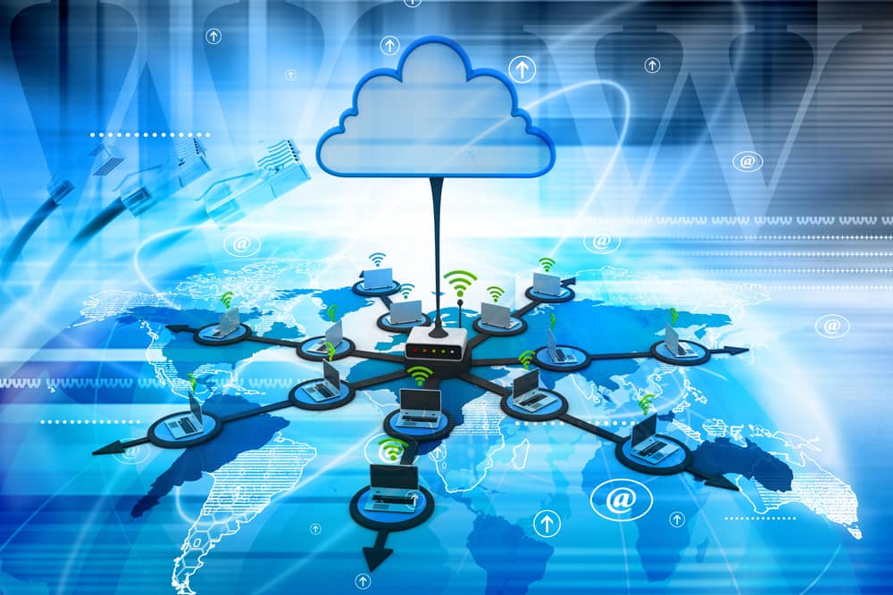 Ilustración del concepto de seguridad cliente servidor, mostrando múltiples dispositivos conectados a un servidor central en la nube.