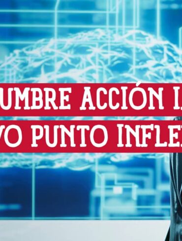Imagen de un orador en la "Cumbre Acción IA", con un fondo que representa una red neuronal y el título del evento superpuesto.