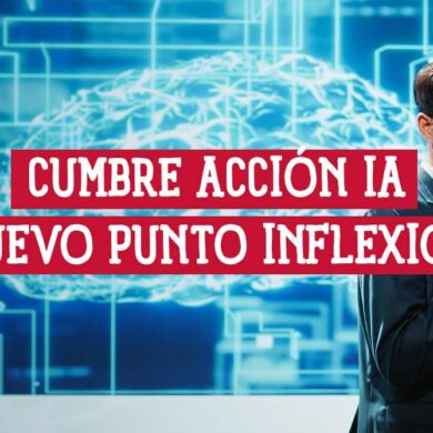 Imagen de un orador en la "Cumbre Acción IA", con un fondo que representa una red neuronal y el título del evento superpuesto.