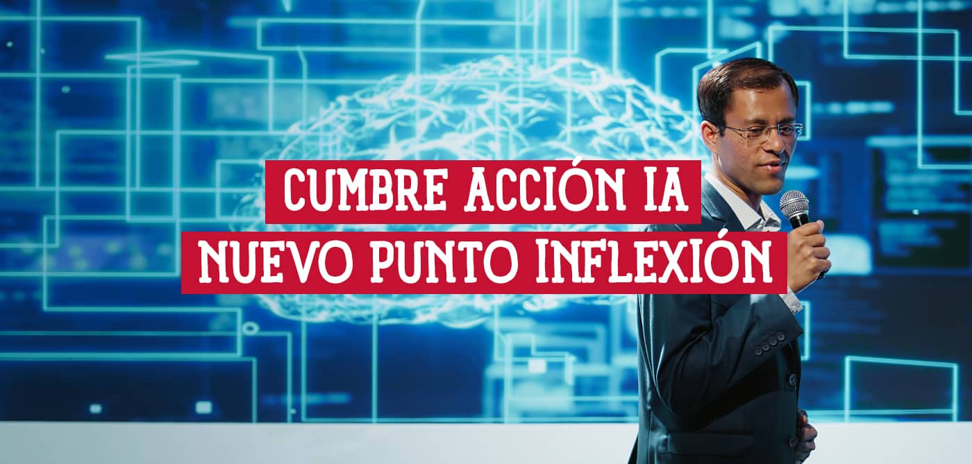 Imagen de un orador en la "Cumbre Acción IA", con un fondo que representa una red neuronal y el título del evento superpuesto.