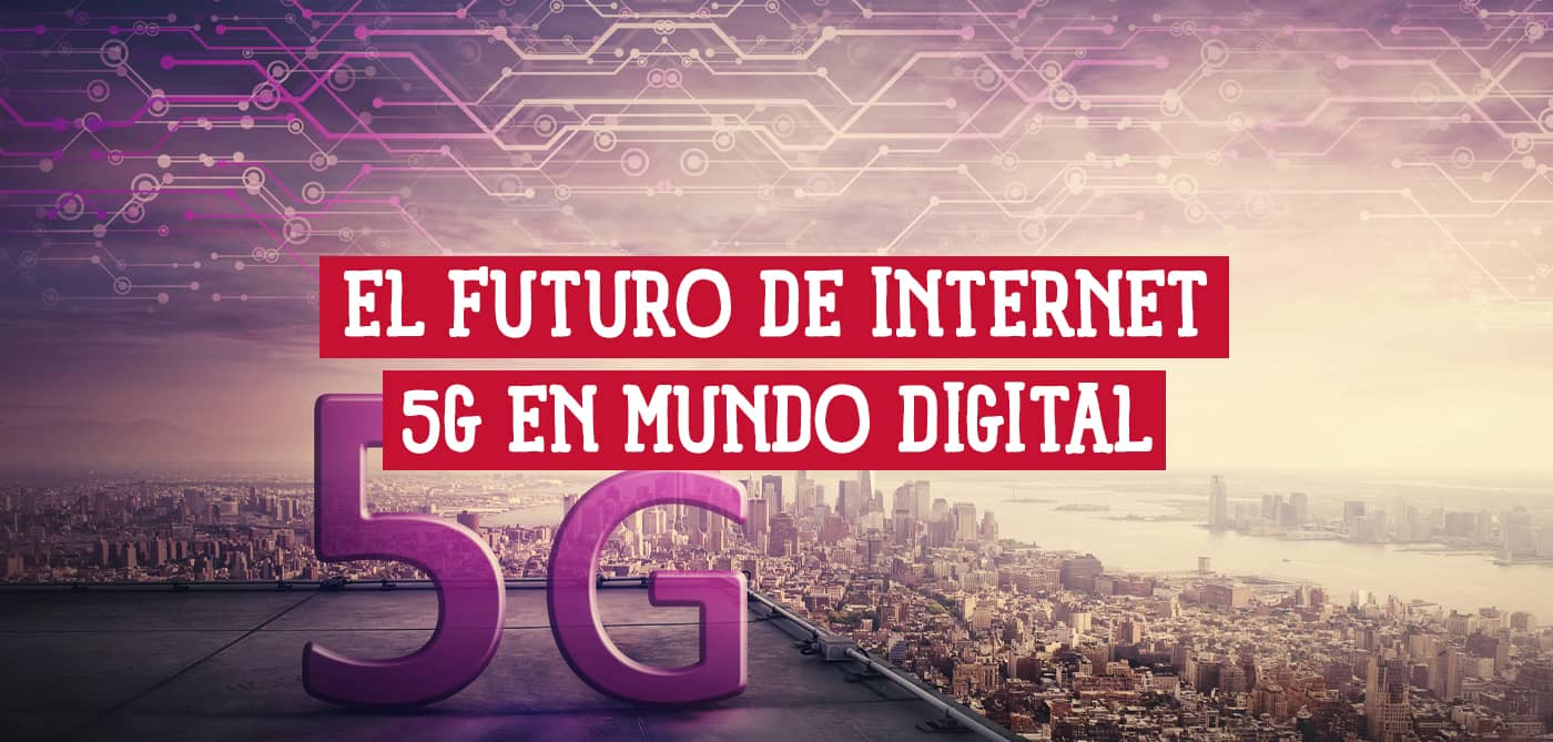 El futuro de internet: 5G en el mundo digital. Imagen de una ciudad con el número 5G en primer plano, representando el avance tecnológico.