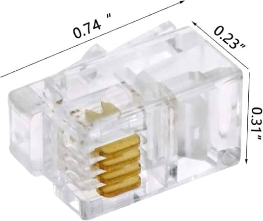 Diagrama de un conector RJ-11 mostrando sus dimensiones (0.74" x 0.23" x 0.31") y sus cuatro pines.