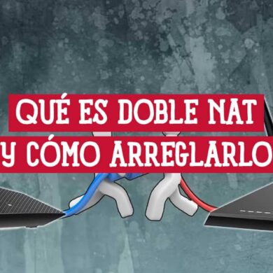 Dos routers Wi-Fi enfrentados con el texto 'Qué es Doble NAT y cómo arreglarlo' para ilustrar problemas de red.