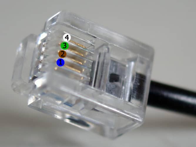 Conector RJ11 mostrando la numeración de sus pines, utilizado en telefonía.