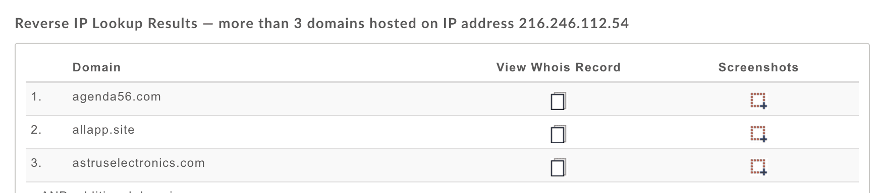 Resultado de búsqueda inversa de IP: más de 3 dominios alojados en la dirección IP 216.246.112.54. Comprueba si tu IP es dedicada.