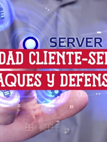 Mano interactuando con interfaz digital mostrando "Seguridad Cliente-Servidor: Ataques y Defensas". Ilustración de ciberseguridad.