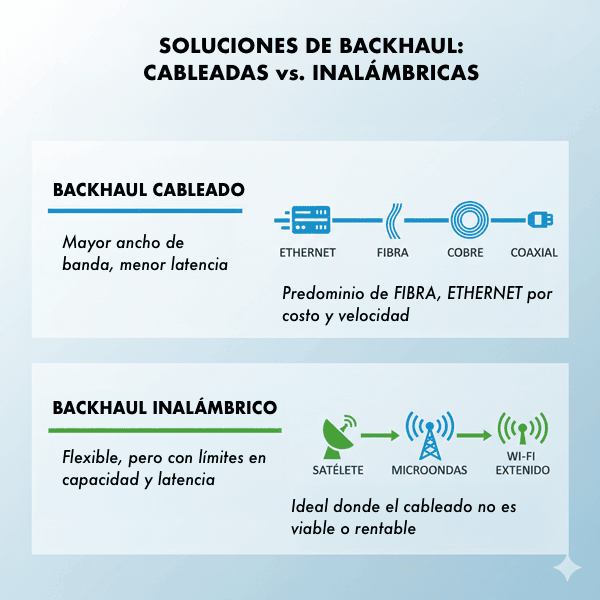 Infografía detallada compara los tipos de backhaul: soluciones cableadas (Ethernet, fibra) e inalámbricas (satélite).