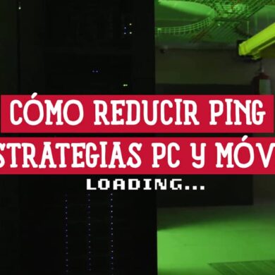 Guía con estrategias para PC y móvil sobre cómo reducir el ping, ilustrada con una imagen de un centro de servidores.