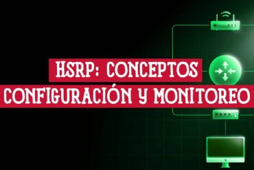 Banner sobre HSRP: conceptos, configuración y monitoreo, con un diagrama de una topología de red de fondo.