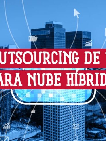 Paisaje urbano tecnológico con redes de datos que ilustra los servicios de outsourcing de TI para una nube híbrida.
