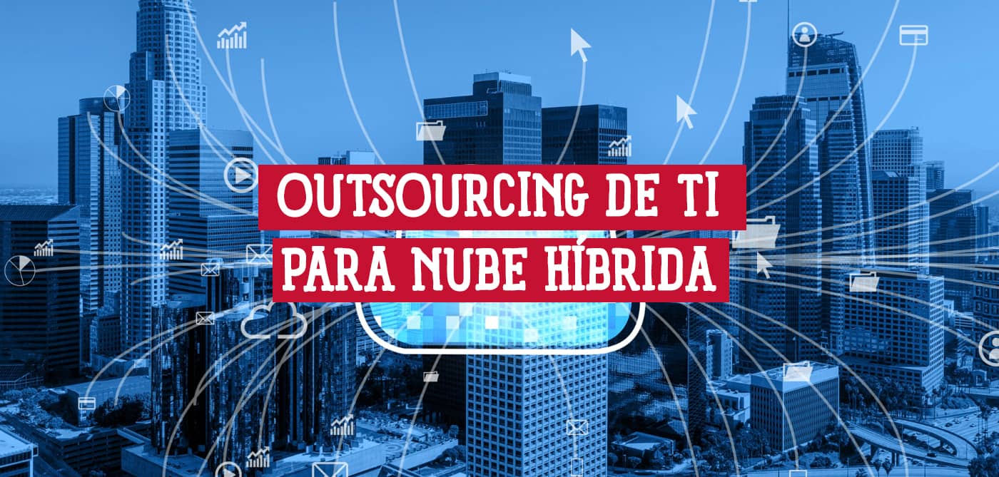 Paisaje urbano tecnológico con redes de datos que ilustra los servicios de outsourcing de TI para una nube híbrida.
