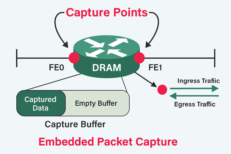 Diagrama de Embedded Packet Capture Cisco con Búfer y Punto de Captura