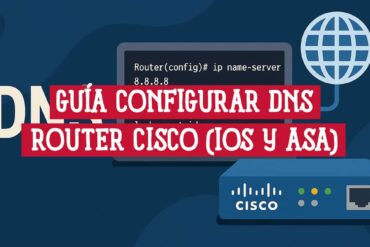 Guía visual para configurar DNS en un router Cisco. Se muestra un router y la línea de comandos para IOS y ASA.