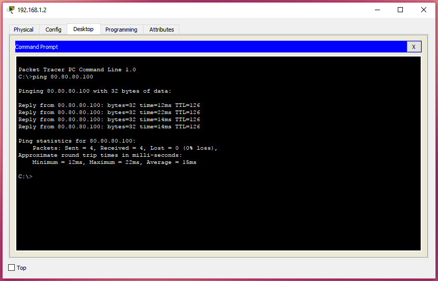 Ping exitoso desde un PC en la red privada al servidor en la red pública después de configurar NAT Overload.